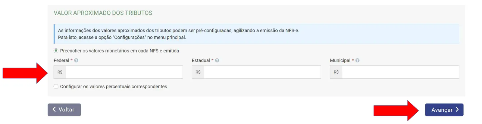 Bloco Valor aproximado dos tributos com campos federal, estadual e municipal