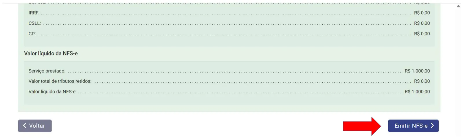 Tela de conferência com o valor líquido e o botão Emitir NFS-e