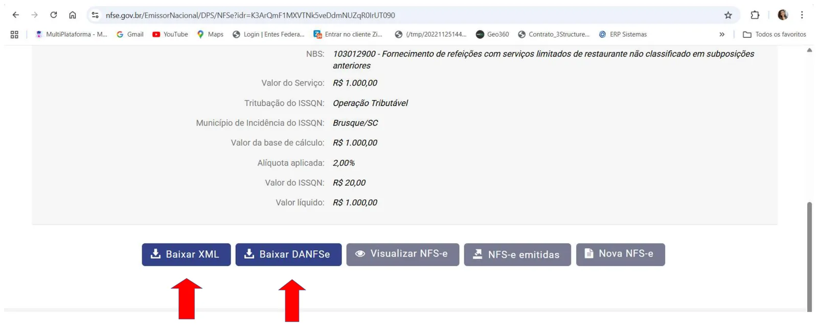 Nota emitida com os botões Baixar XML e Baixar DANFSe