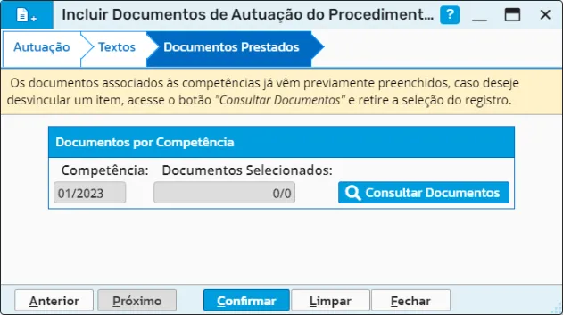 Aba Documentos Prestados com os documentos selecionados por competência e o botão Consultar Documentos