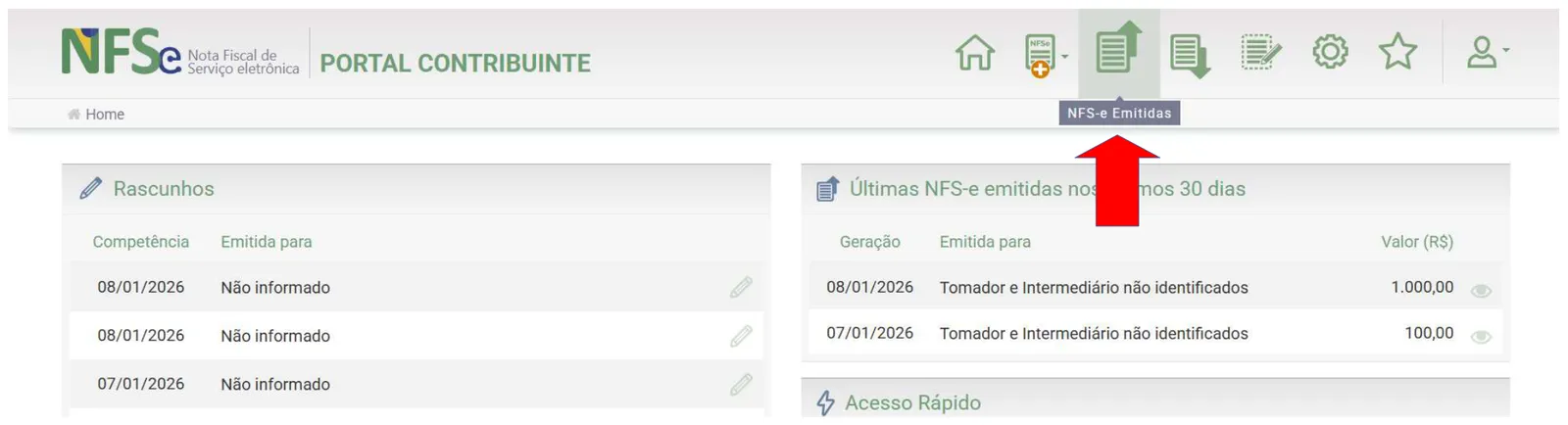 Portal Contribuinte com o ícone NFS-e Emitidas indicado