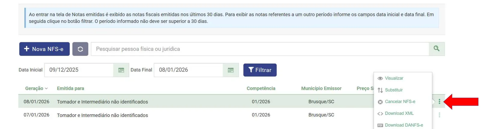 Lista de notas emitidas com o menu de três pontos aberto e a opção Cancelar NFS-e