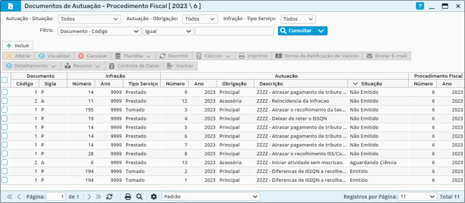 Lista de documentos de autuação do procedimento com tipo, infração, obrigação, descrição e situação