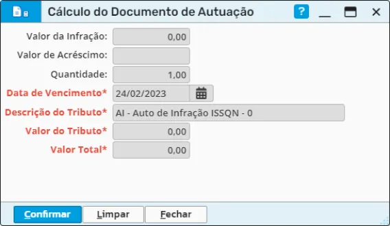Tela de cálculo do documento de autuação com data de vencimento, tributo e valor total