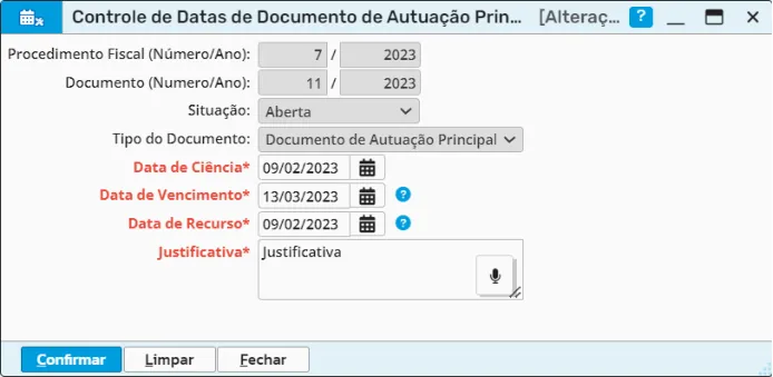 Controle de datas do documento de autuação com data de ciência, vencimento, recurso e justificativa