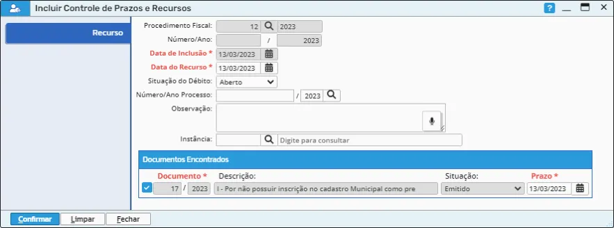Inclusão de controle de prazos e recursos com datas, situação do débito, processo e documento vinculado