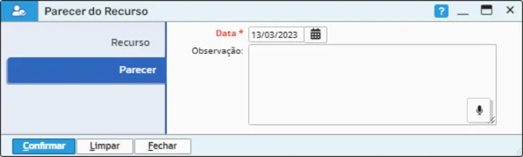 Tela de parecer do recurso com data e observação