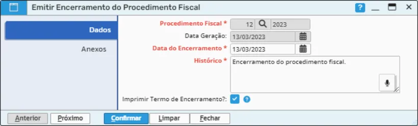 Emissão do termo de encerramento com data e histórico