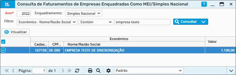 Consulta de faturamento de empresas MEI e Simples Nacional por ano, com filtro e valor