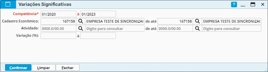 Filtro de variações significativas por competência, cadastro econômico, atividade e percentual de variação