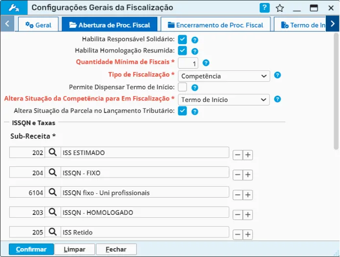 Configurações gerais da fiscalização, aba Abertura de Procedimento Fiscal, com homologação resumida, quantidade mínima de fiscais, tipo de fiscalização e sub-receitas
